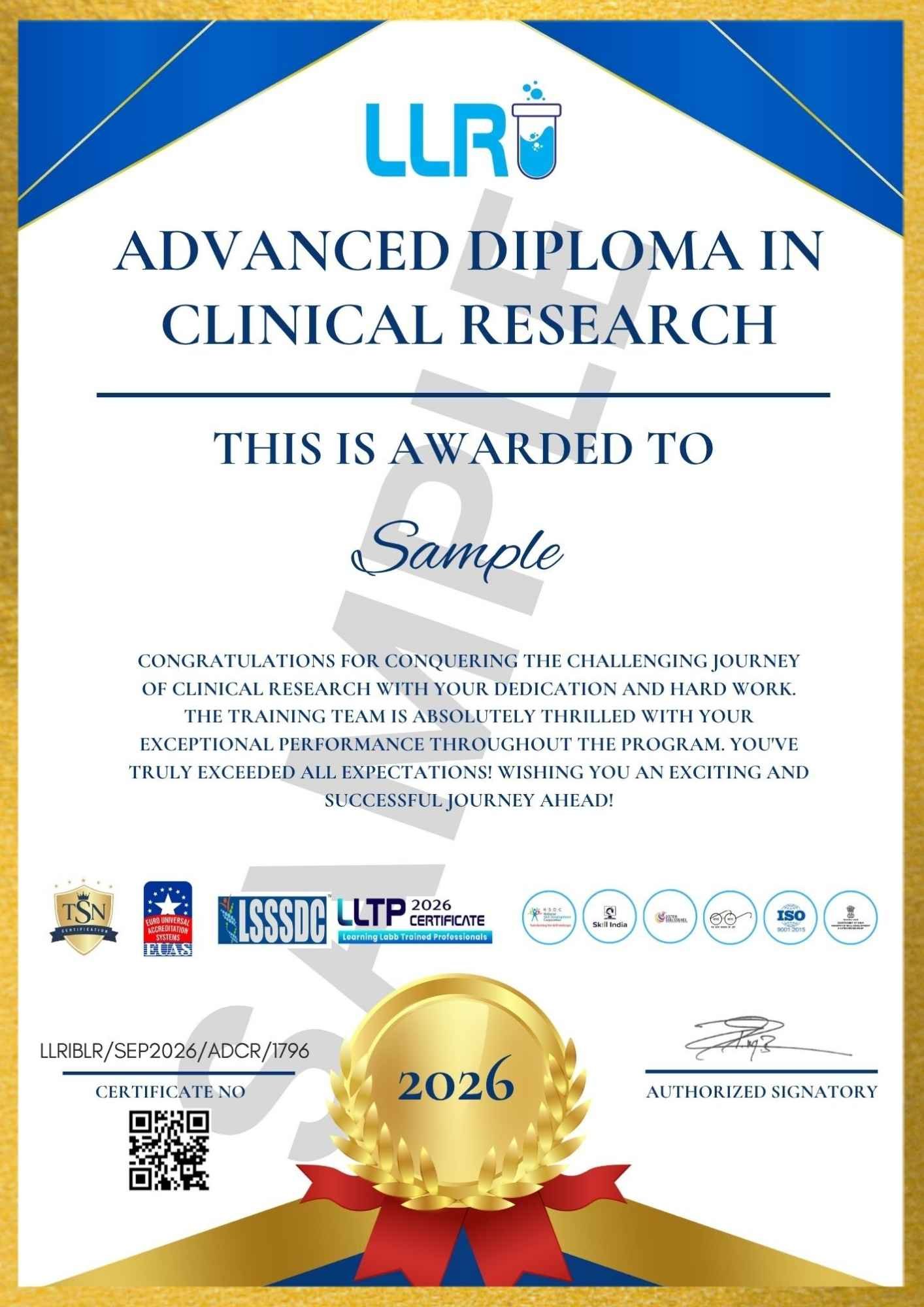 advanced diploma in clinical research certificate at llri