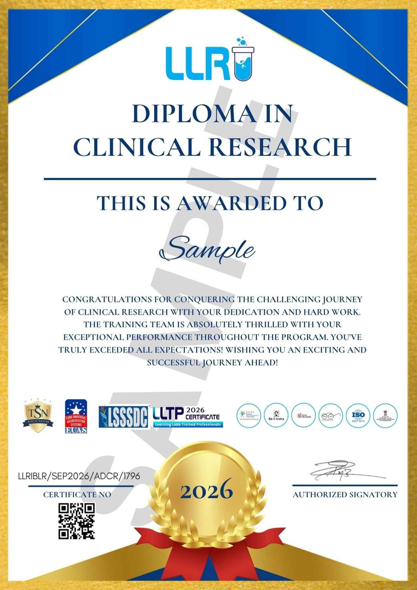 diploma in clinical research certificate at llri