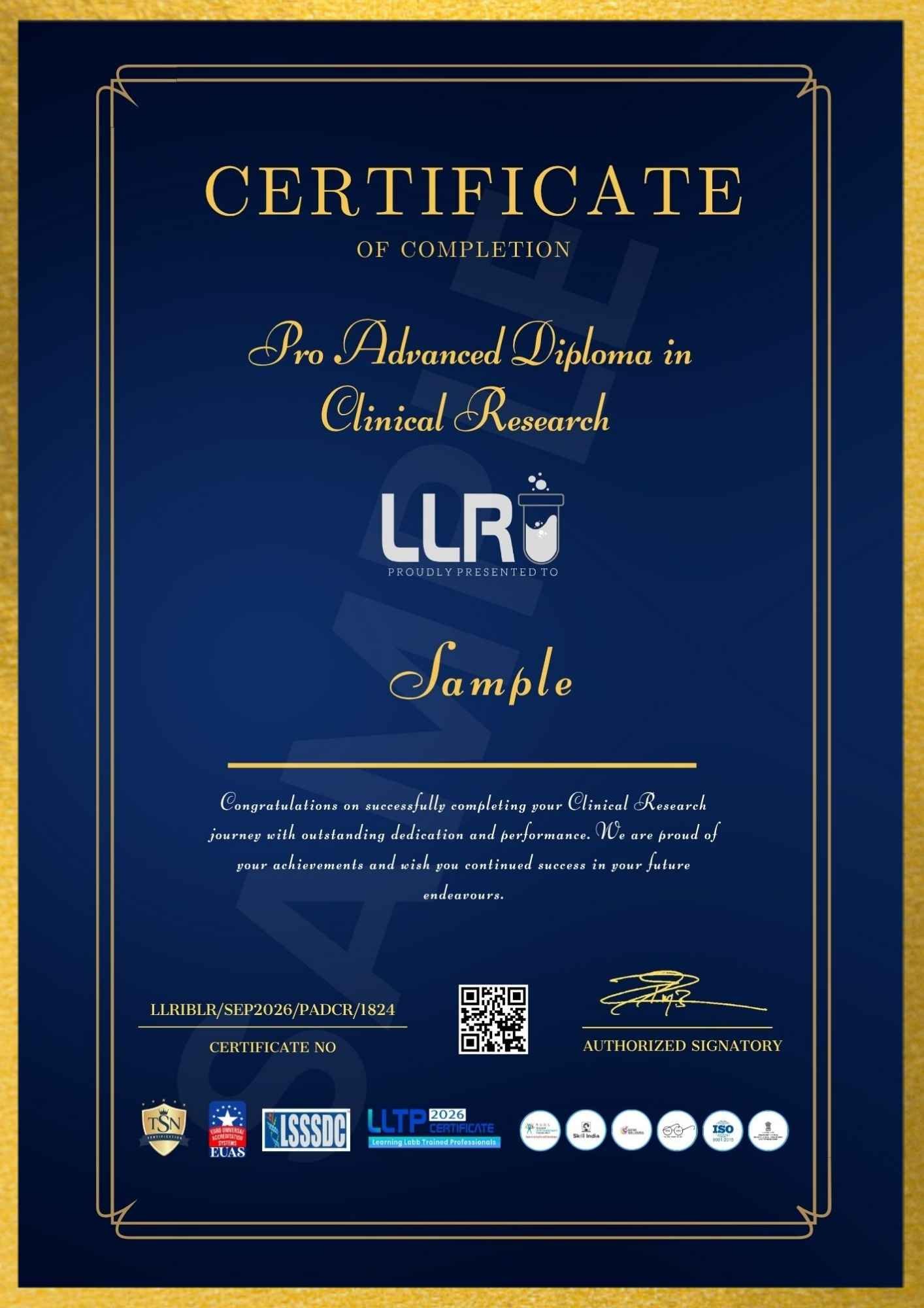 pro advanced diploma in clinical research certificate at llri