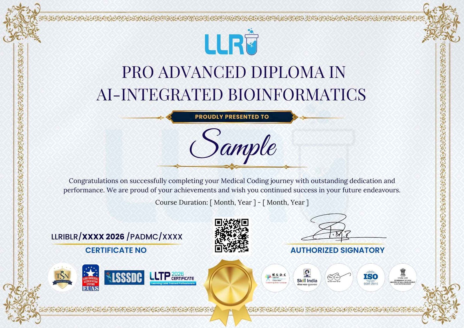 Pro Advanced Diploma in AI-Integrated in bioinformatics CERTIFICATE at llri